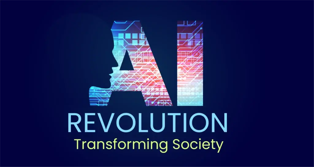 Representation of the AI revolution, showcasing a glowing digital brain and interconnected data flows, symbolizing AI’s transformative impact on industries and lives.